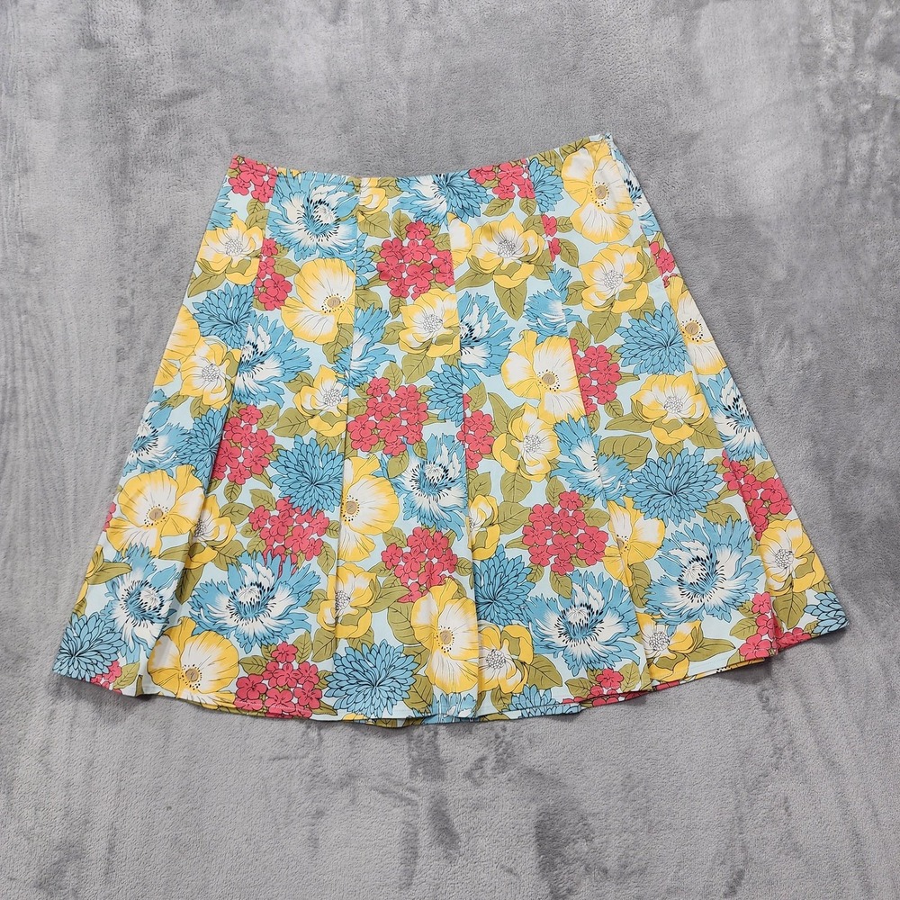 Vintage Caslon Skirt Womens 10 Blue Yelllow Pink Floral A-Line Pleated Stretch